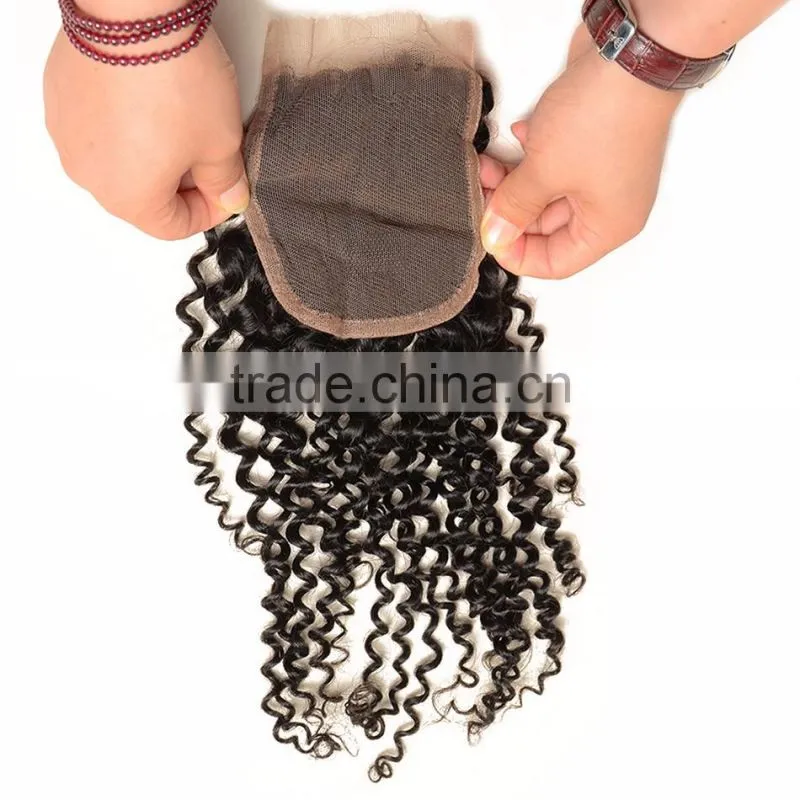 7a top grade best quality brazilian human hair lace closure, natural color 4*4 kinky curly top hair closure piece
