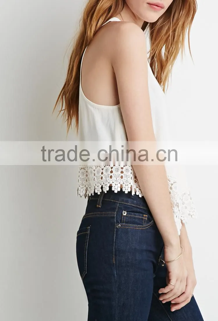 100% polyester fashion women top with lace trim