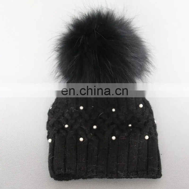 Fashion design black knitted pattern wool blend hats with fur pom