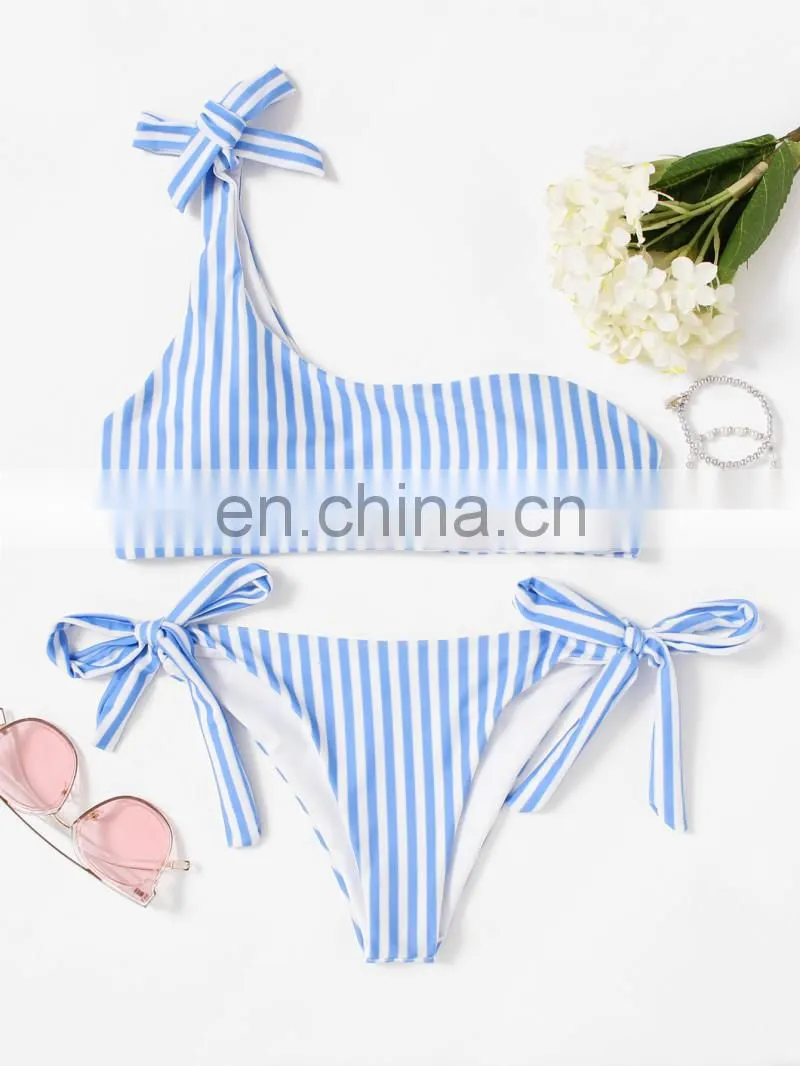 Tie Side One Shoulder Striped Bikini Set