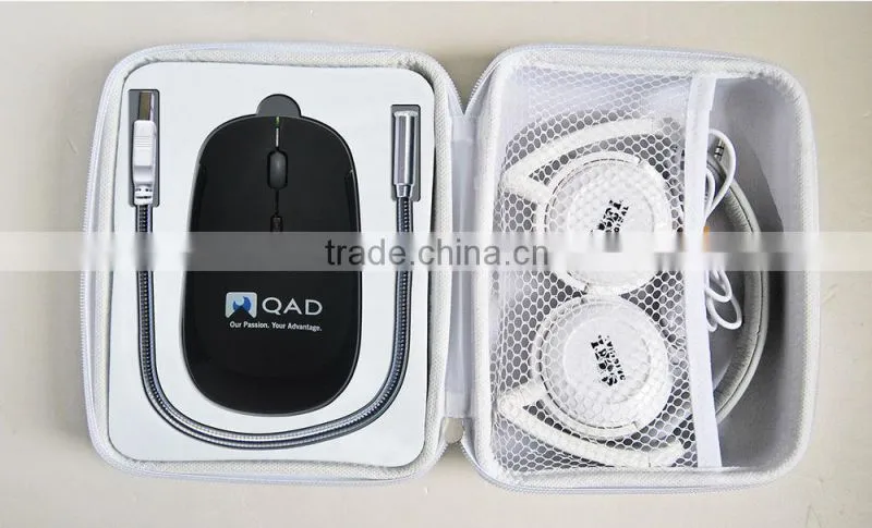For traveling use and promotion gift computer accessories headphone+2.4G wireless mouse+LED light EVA leather case set