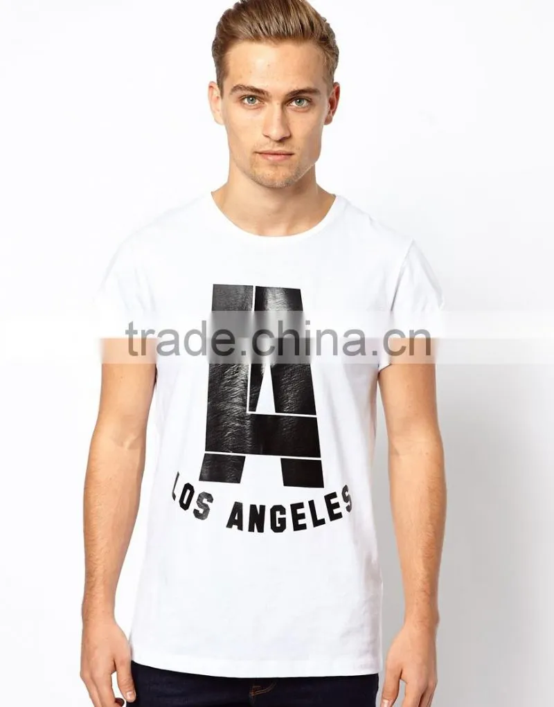 Man's T-Shirt With Glossy LA Print And Roll Sleeve Bangladesh Factory