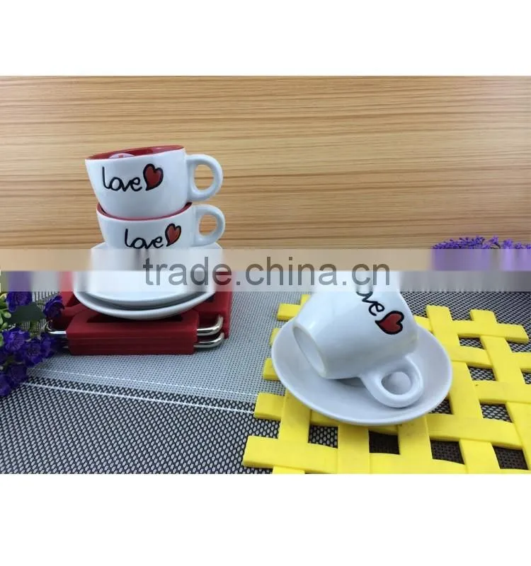 lovely heart design unique shape coffee ceramic tea cup and saucer,coffee cup and saucer set