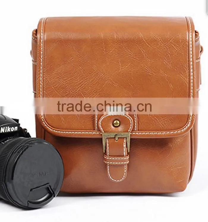 Factory price brown leather Camera Bag with strap in Dongguan