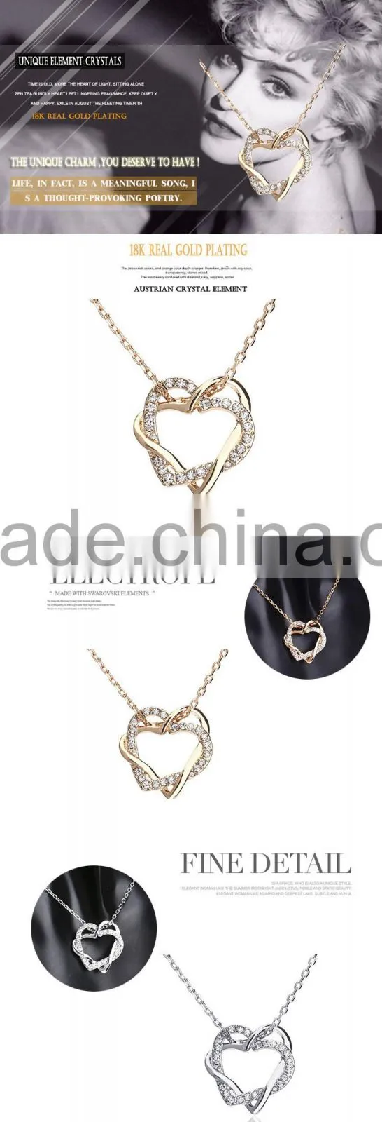 Fashion Jewellery Necklace Women 18k Gold Plated Austrian Crystal Rhinestone Zircon Chunky Double Heart Pendants