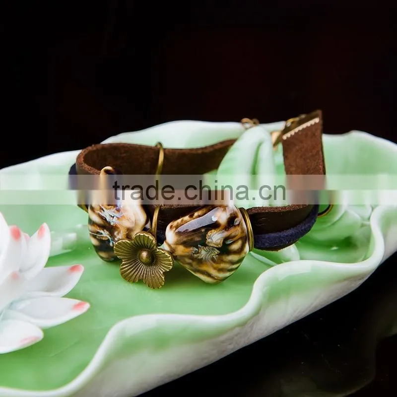 Jingdezhen made handmade leather bracelet ceramic beads bracelet for sales