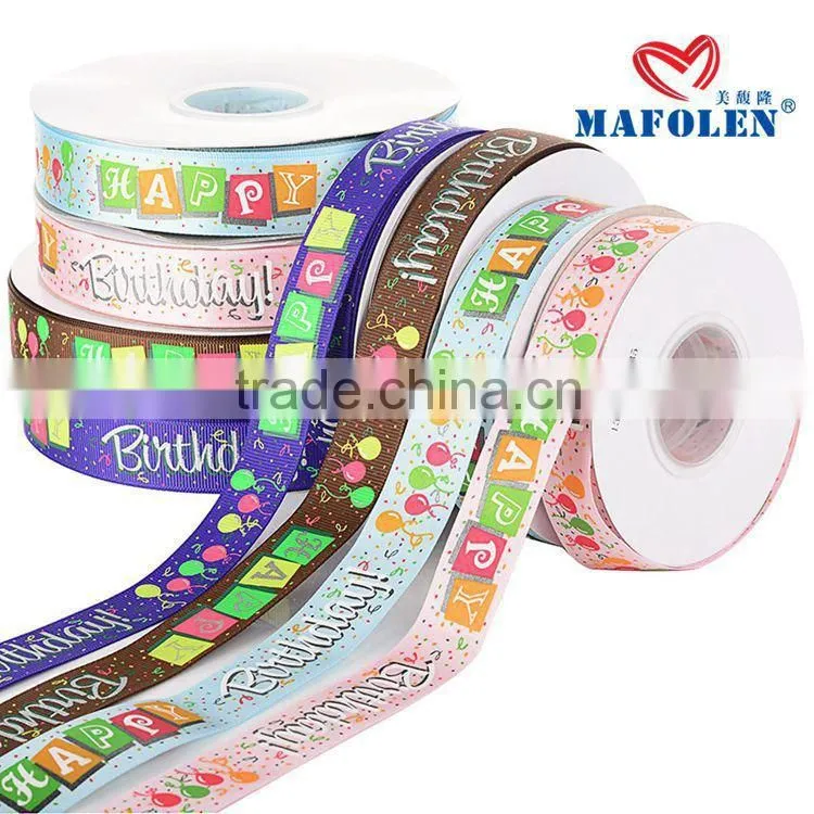 Mafolen wholesale 1 inch grosgrain printed, birthday wishes ribbon by the yard