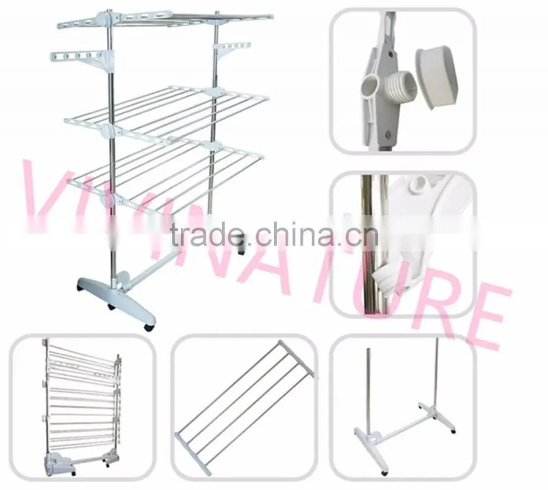 2017 hot sale portable clothes drying rack with 3 layers and 6 wheels design for adjustable bar