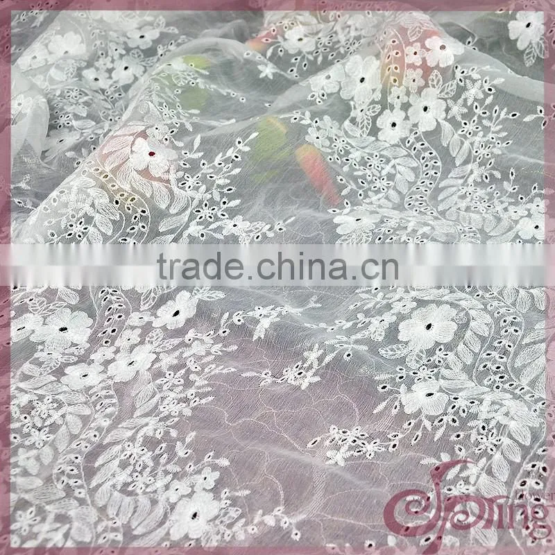 White transparent floral embroidery design cotton lace fabric for dress/ tops/ cardigan