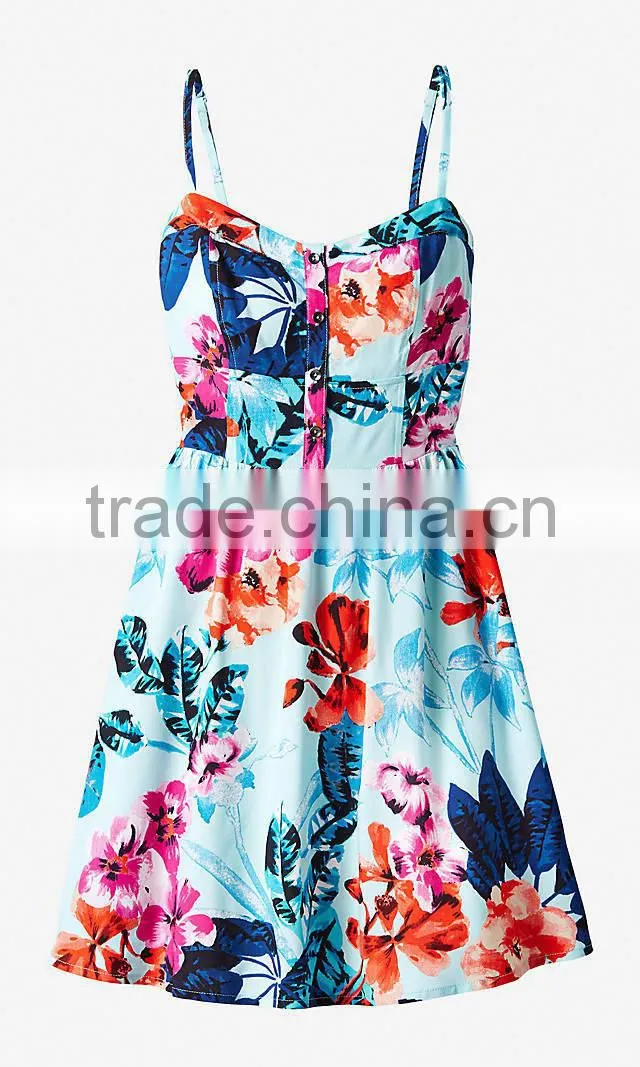 Woman Floral Spaghetti Straps Sexy Skater Rayon Dress
