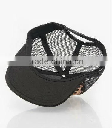 Leopard and leather patch snapback trucker hats custom flat brim snapback trucker mesh hats