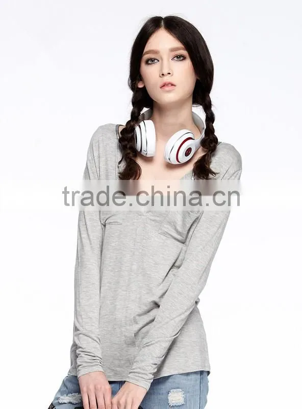 Slim fit women gray long sleeve large V-neck t shirt
