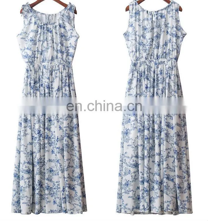 ruffle pleated blue printed flowery sleeveless long dress cotton skirt with drawstring neck