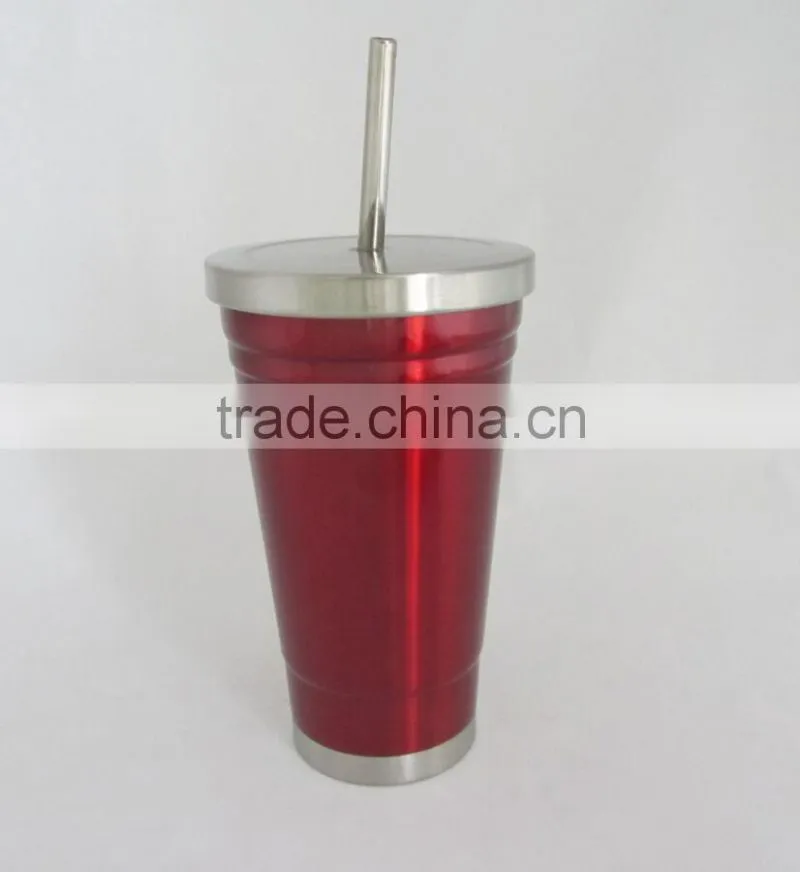 Tumbler, travel mug, vacuum double wall, stainless steel with straw