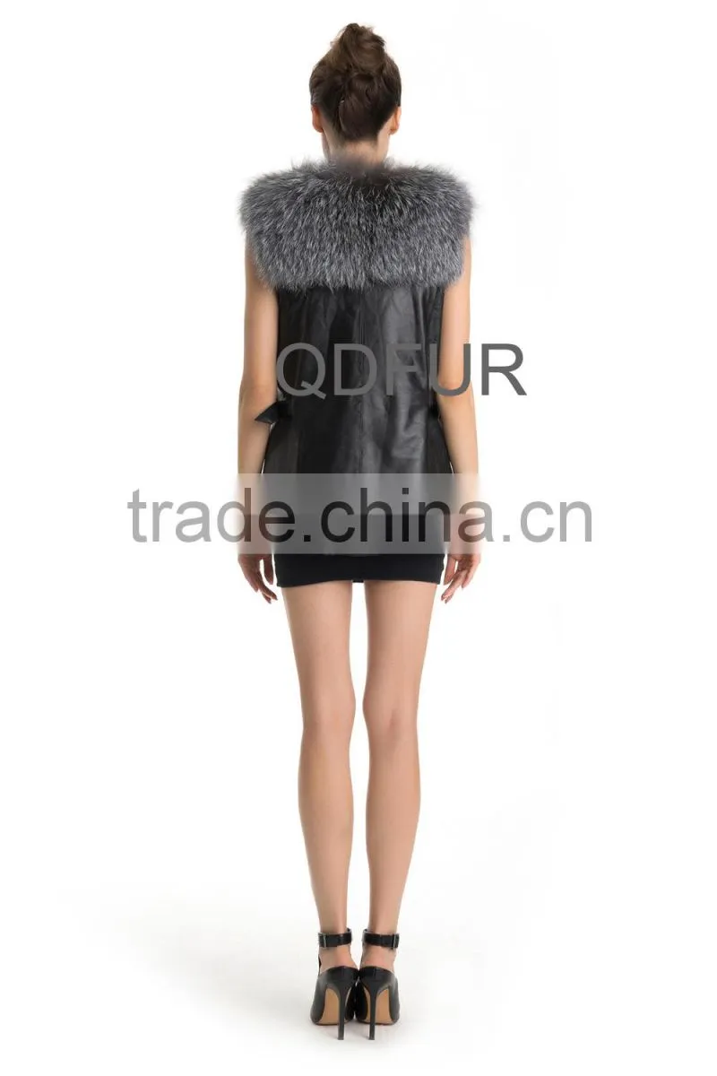 QD70700 Winter Women Natural V-neck Silver Fox and Sheep Skin Fur Vest in Adjustable Size
