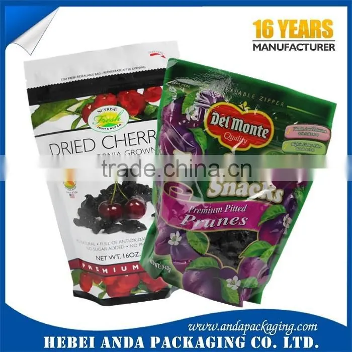 Resealable plastic stand up pouch for cherry dried fruit packaging with zipper