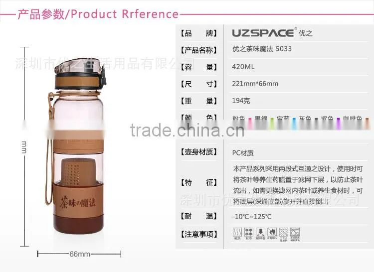 factory price eco-friendly design bpa free tea infuser water bottle with filter