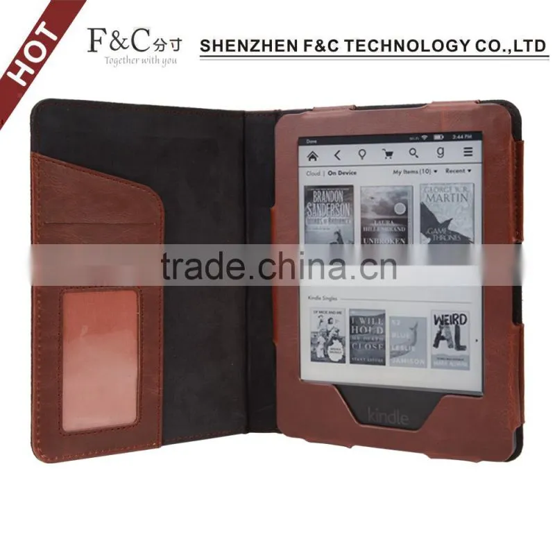 Book style canvas case cover for 2014 amazon kindle touch e-bopk