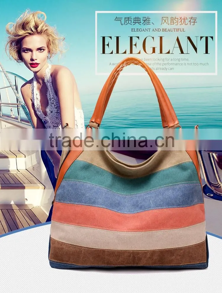 Customized high quality stripe beach canvas tote bag / cross body hobo bag