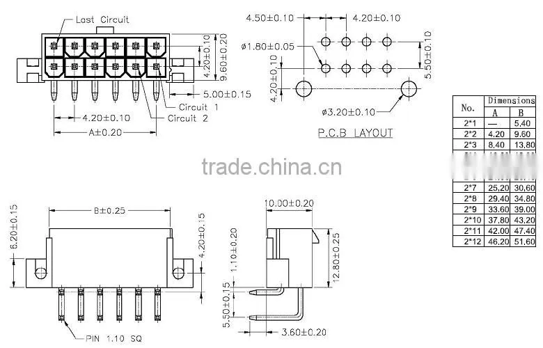 Pitch:4.20mm 90 Degree Wafer Connector Dual Row Mini-Fit PCB layout 3.20