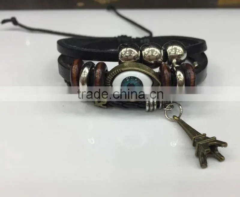 2015 cheap high quality customized multicolor evil eye bracelet evil eye bead beaded wrap leather bracelet