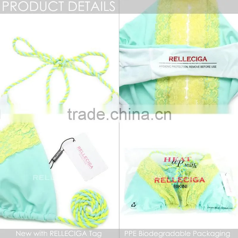 RELLECIGA 2016 Lace Collection -Mint Green + Yellow Floral Lace Bikini Swimsuit with Triangle Top and Brazilian Cut Scrunch Butt