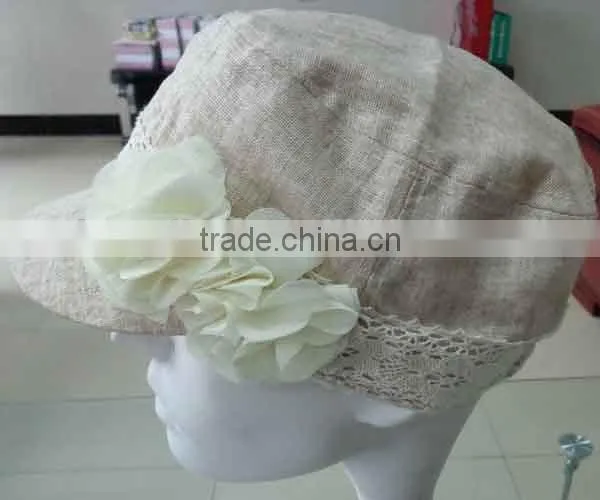 WLLS030333 Vintage 2014 plain khaki student cap with flower and lace trim