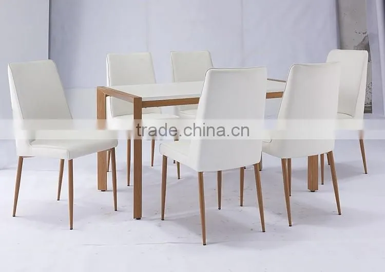 mdf table melamine faced board top dining table with white pvc leather chairs