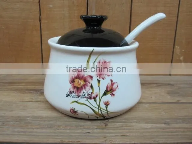 Eco-friendly Feature Decal Ceramic Sugar Jar with Spoon