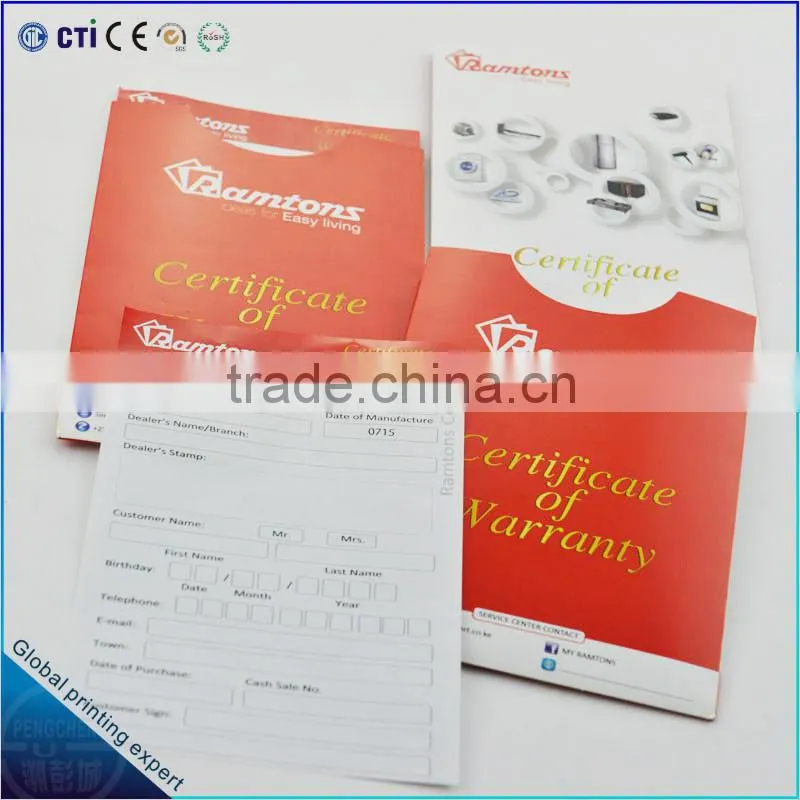 paper envelope for certificate of Warranty