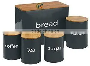 Set of 5 galvanized storage cans with wood lid