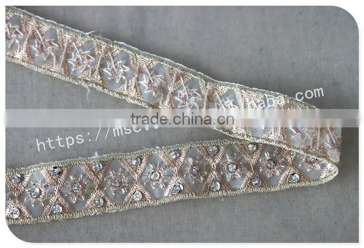 Elegant design 2.5cm width champagne crystal trim bridal embrodiery
