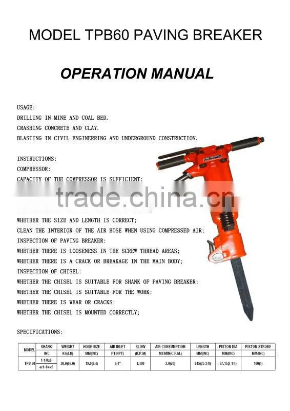 TPB60 pavement breaker air hammer