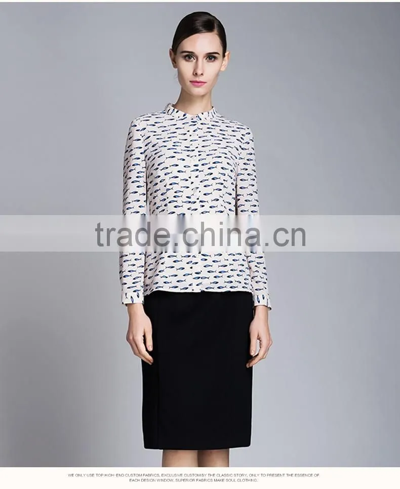 Spring-Summer Season Ladies Length Sleeve Stand Collar Printing Shirt Blouse