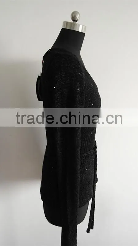 Ladies black sequins yarn knit cardigan sweater factory