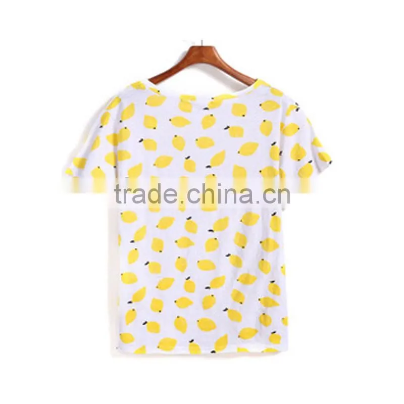Dongguan cheap t-shirt short sleeve round neck yellow print t-shirt for ladies