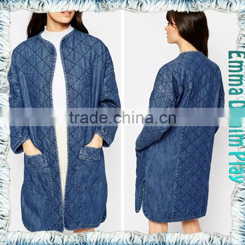 2017 New Designer Women's Diamand Embroidery Winter Long Cotton Denim Bomber Coats