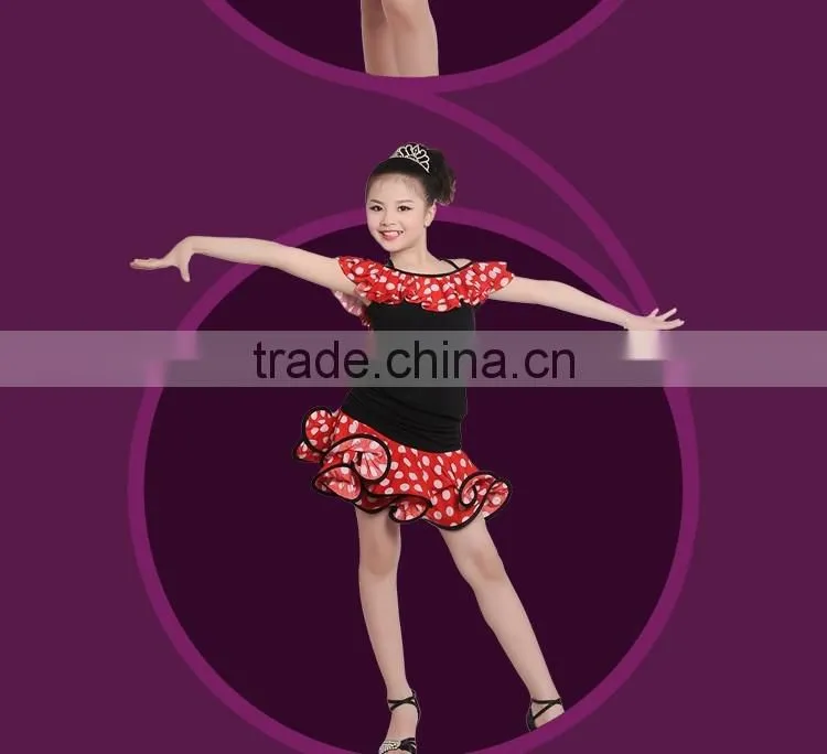 Girls Child Performance Latin Dance Skirt Suit Kid Dew Shoulders Lotus Leaf Polka Dot Dress