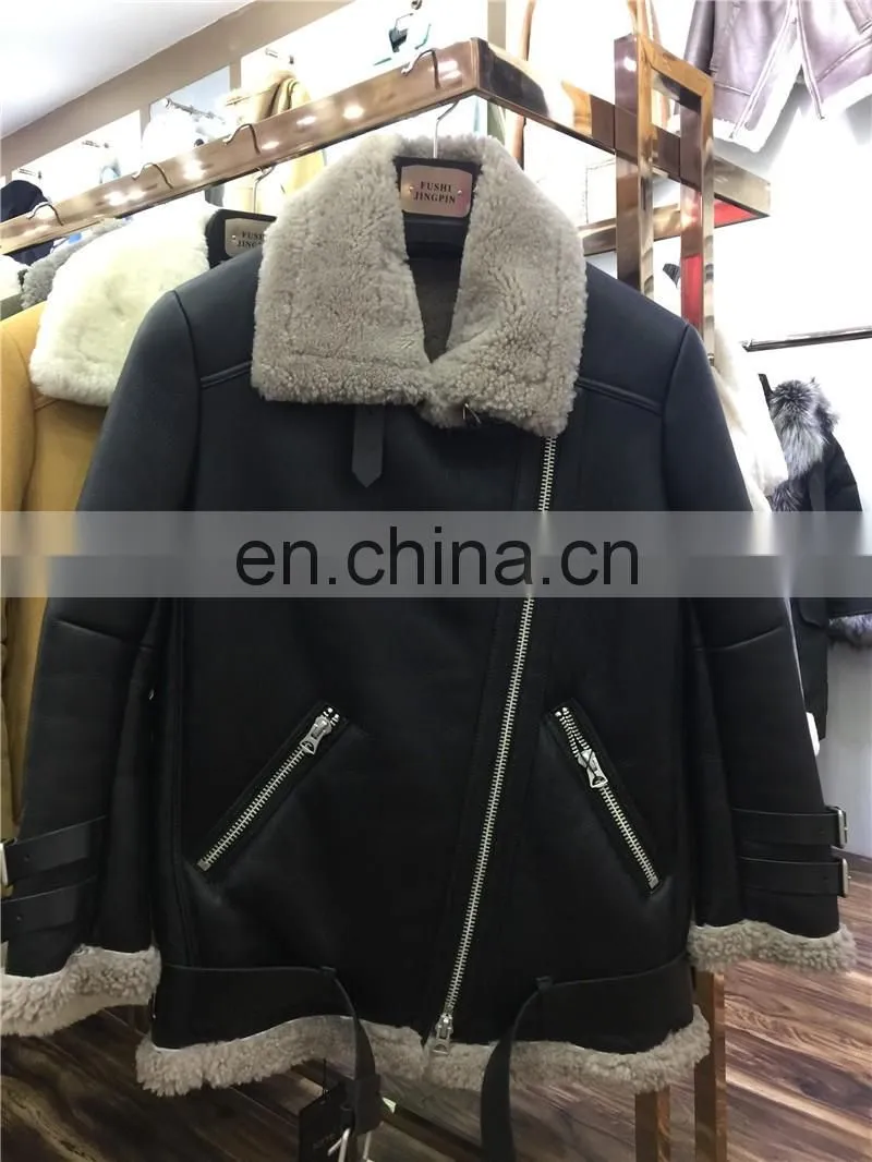 Fashion Handmade Sheepskin Double Faced Leather Jacket Ladies Winter Jacket