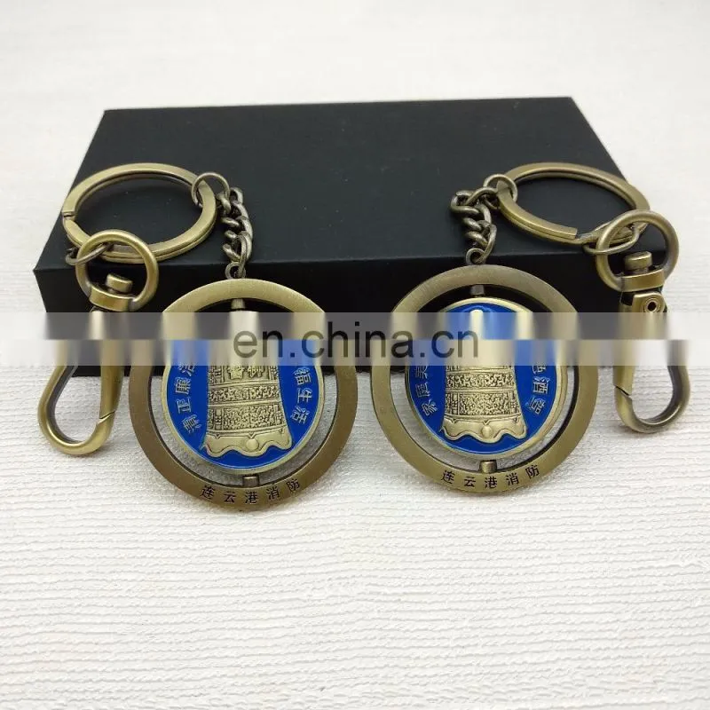 3D Metal rotating keychain with ancient Chinese chime-bell image also antique bronze plated