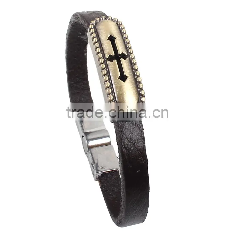 Zinc Alloy High Quality Bronze Cross Pendant Cheap Leather Bracelet