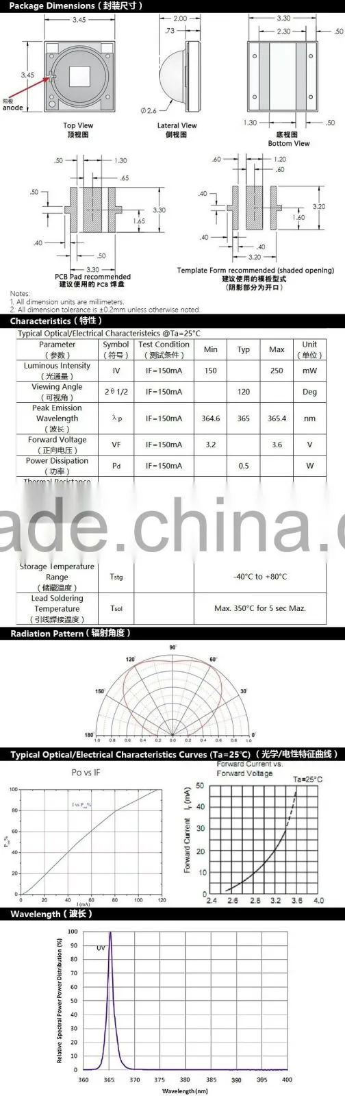 UVLED uv led price 3535 smd 365nm 0.5w with CE rohs FACTORY