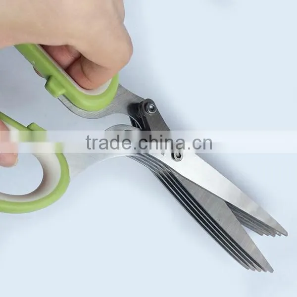 2015 new in stock kitchen herb scissors 5 blade stainless steel and PP plastic handle