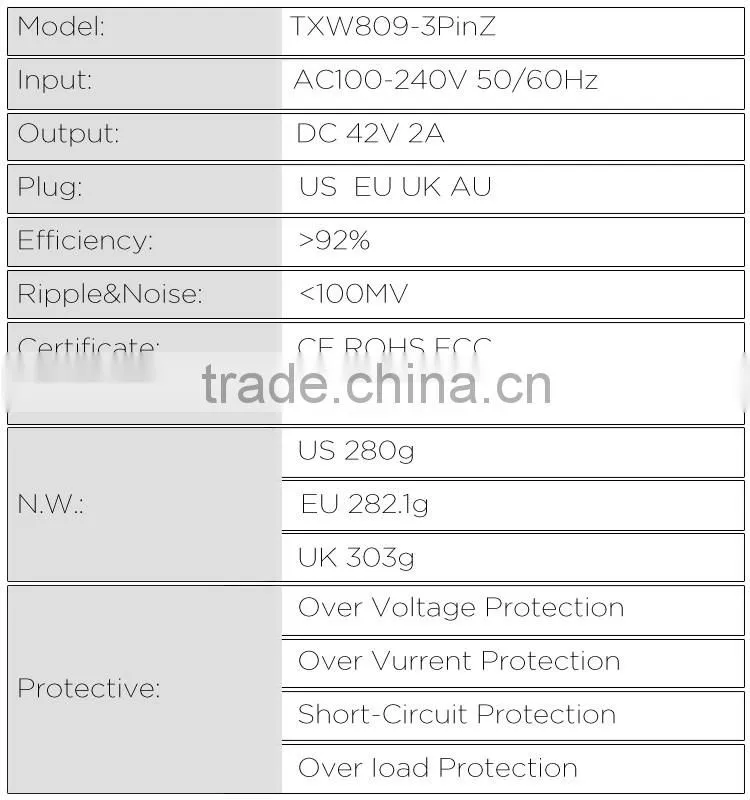 Power Adapter for Hoverboard 42V 2A Power Adapter