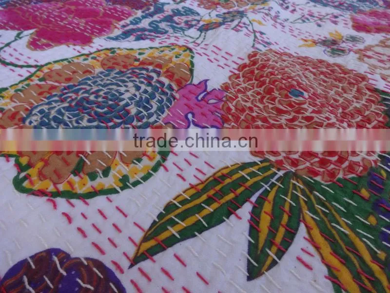 Tropical Kantha Quilt, Handmade Fruit Print Kantha Bedding, Decorative Kantha Work, Indian Cotton Bedspread / Bed Sheet