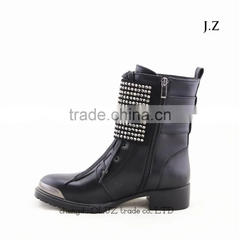 OB66 metal toe crystal fashion flat boots cheap price Korea and Japan boots with metal decor