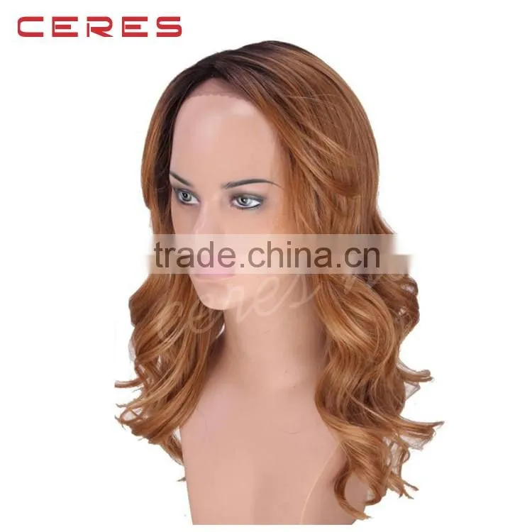 long wavy lace front wig, black to brown ombre colorful wig for young women