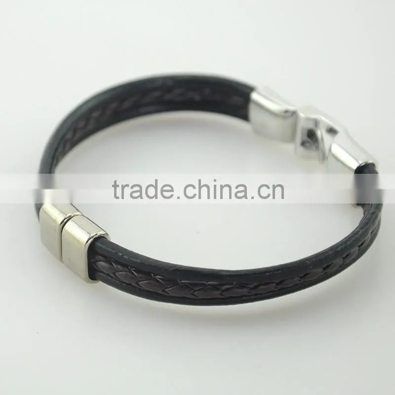 Factory Men Bangle Metal Black Leather Rope Bracelet