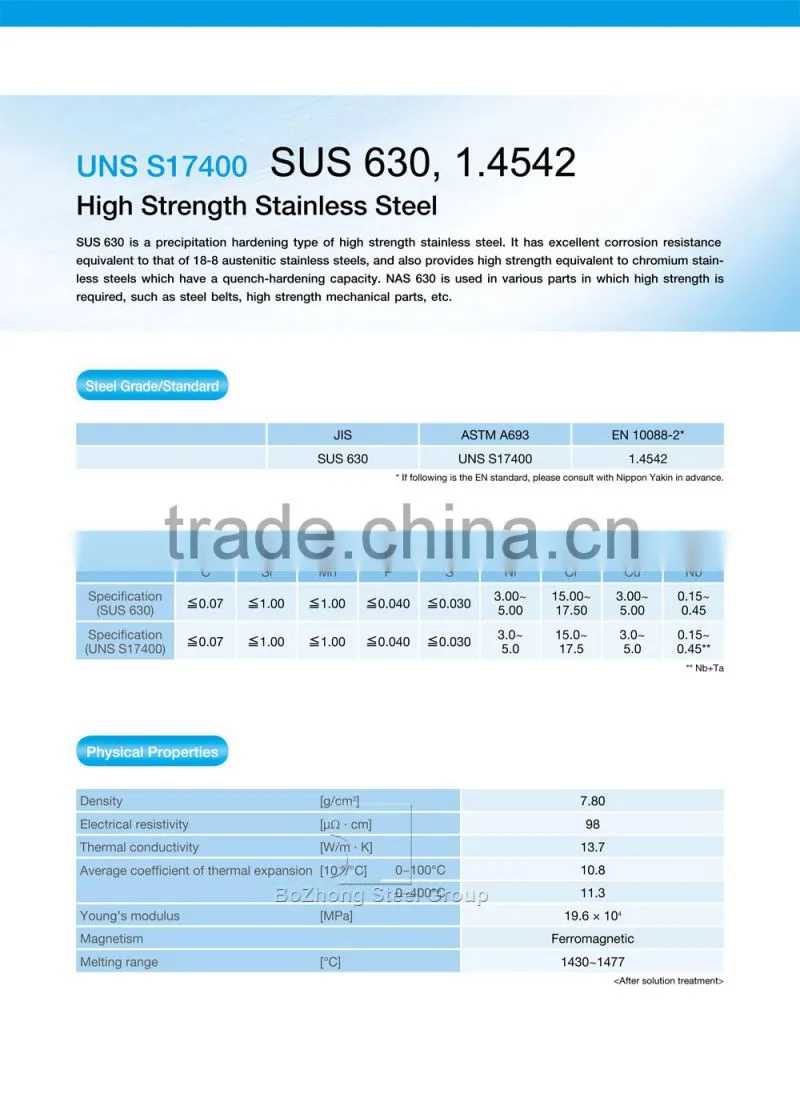 excellent corrosion resistance UNS S17400 high strength stainless steel 1.4542