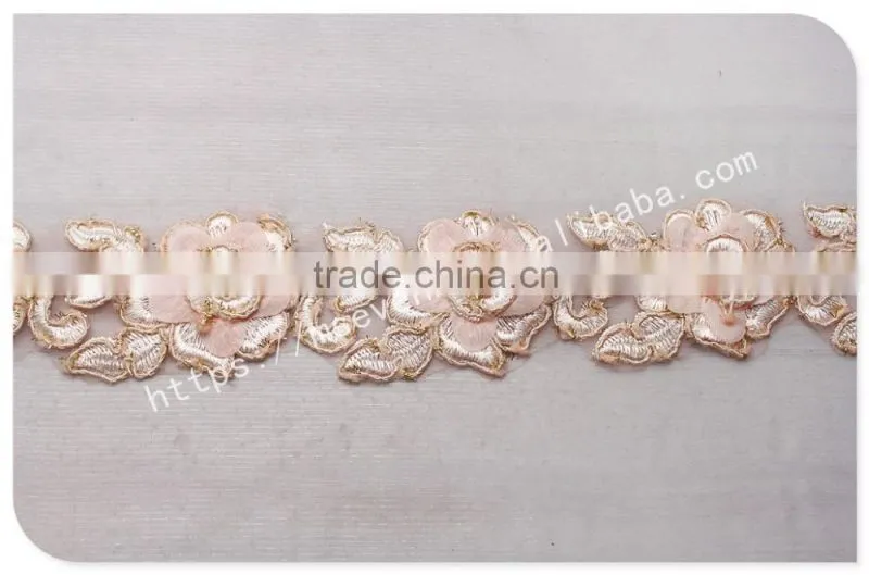 Hot sale 9cm width sweet pink 3D flowers guipure lace trim embroidery